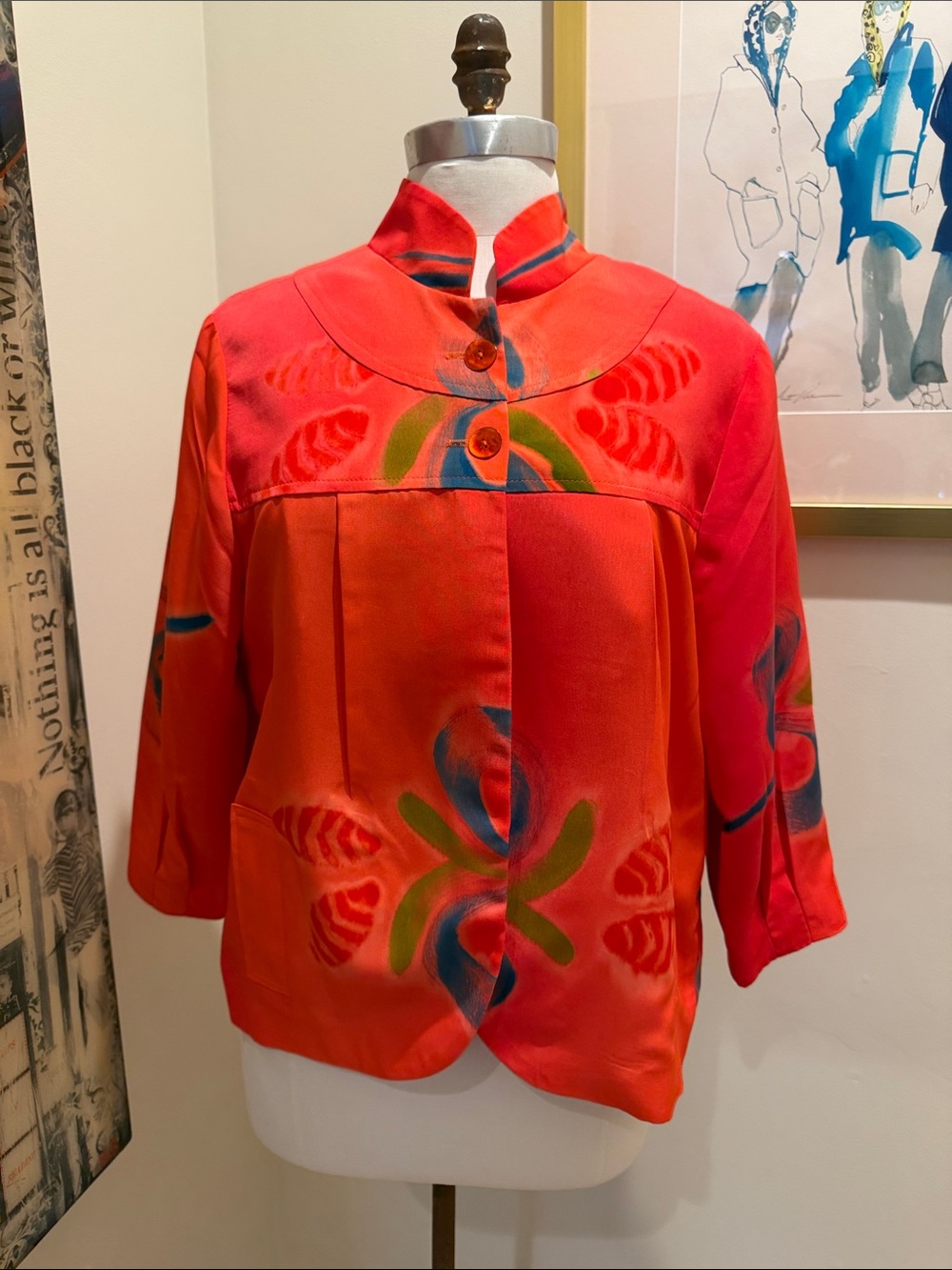 Red Floral-Print Mandarin Collar Jacket